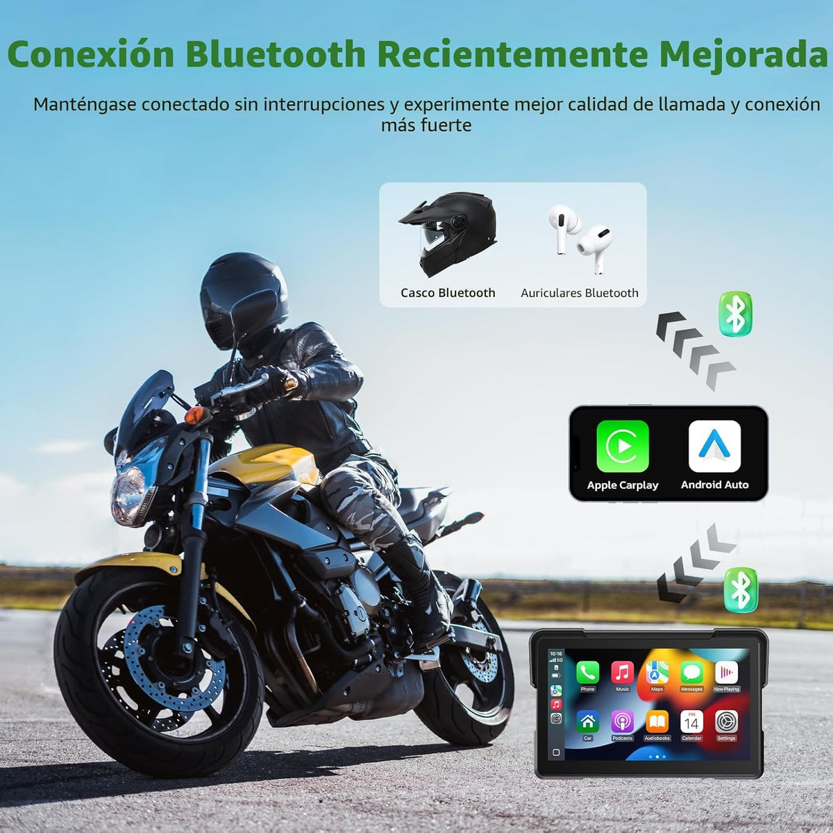 Pantalla digital 5″ CarPlay y Android para moto con 2 cámaras en Full HD