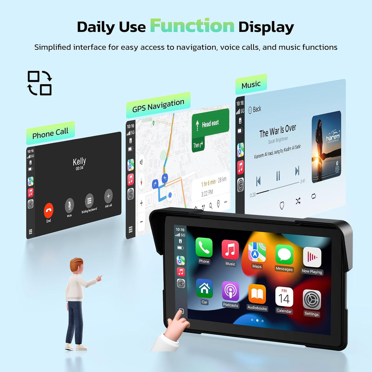 Pantalla digital 5″ CarPlay y Android para moto con 2 cámaras en Full HD