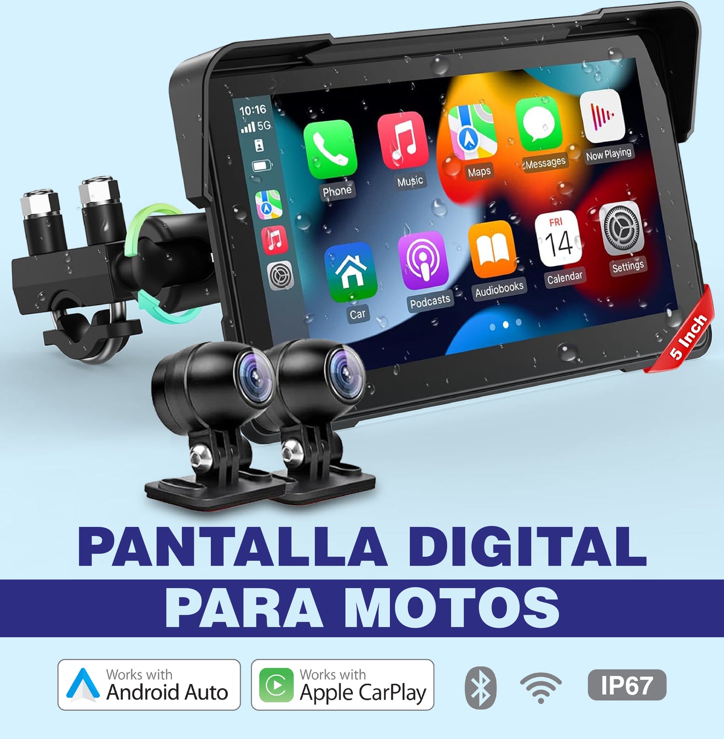 Pantalla digital 5″ CarPlay y Android para moto con 2 cámaras en Full HD