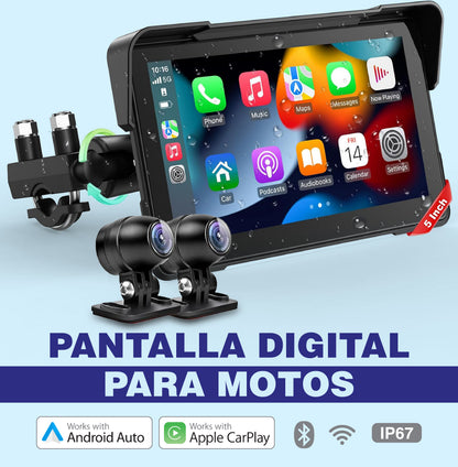 Pantalla digital 5″ CarPlay y Android para moto con 2 cámaras en Full HD