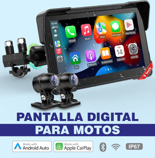 Pantalla digital 5″ CarPlay y Android para moto con 2 cámaras en Full HD